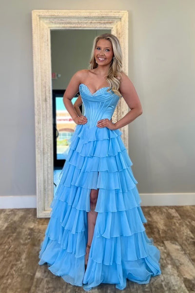 Cute A Line Sweetheart Yellow Chiffon Tiered Prom Dress with Slit VK25011504