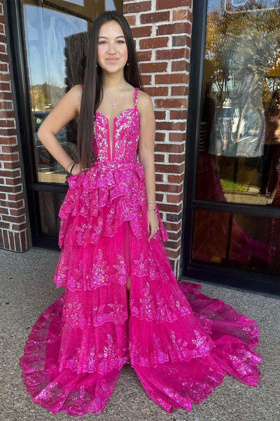 Straps Purple Sequin Layered Tulle Prom Dress Formal Dress with Slit VK23113004