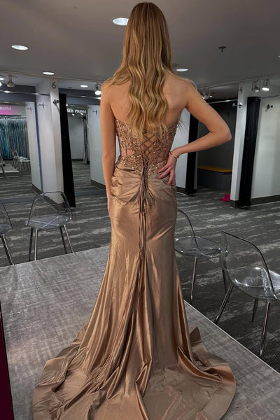 Glamorous Mermaid Brown Satin Slit Prom Dress with Beading VK162503