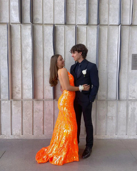 Sparkly Mermaid V Neck Orange Sequins Long Prom Dresses VK23012901