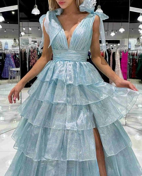 Fairy Ball Gown V Neck Pink Tiered Organza Long Prom Dress