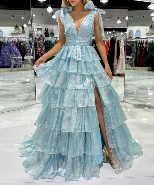 Fairy Ball Gown V Neck Pink Tiered Organza Long Prom Dress