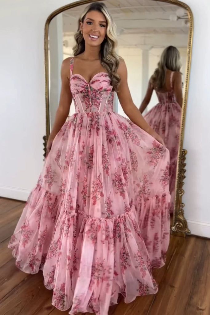 Fairy A Line Sweetheart Blush Floral Printed Chiffon Long Prom Dress VK24123006 Vickidress Fairy A Line Sweetheart Blush Floral Printed Chiffon Long Prom Dress VK24123006 Vickidress