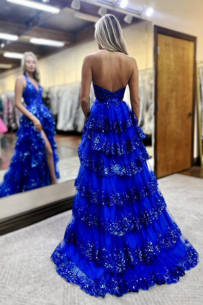 Gorgeous A Line V Neck Royal Blue Tiered Tulle Prom Dress with Slit VK25010209