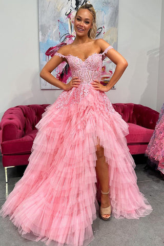 Pink Off the Shoulder Tiered Tulle Long Prom Dresses with Appliques VK24012003