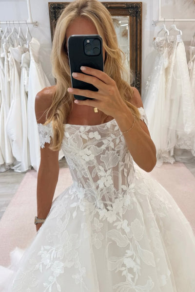 Elegant A-Line Off the Shoulder White Tulle Appliques Wedding Dresses VK25093001