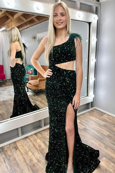 Sequin Feather One-Shoulder Mermaid Long Dress with Slit VK23110905