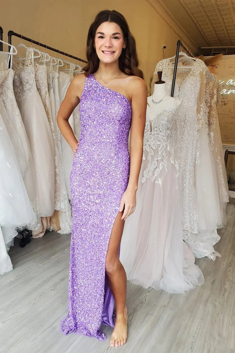 Cute Mermaid One Shoulder Light Purple Long Prom Dresses with Slit VK23011905