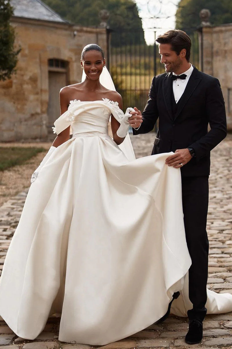Gorgeous Ball Gwon Off the Shoulder Satin Wedding Dresses with 3D Flowers VK23051208