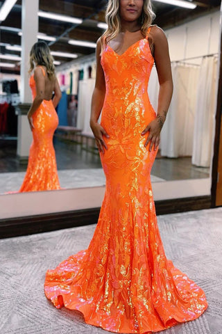 Sparkly Mermaid V Neck Orange Sequins Long Prom Dresses VK23012901