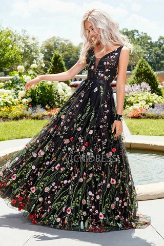 Free Shipping A-Line V-neck Lace Prom Dresses Long Floral Formal Gowns VK0105007