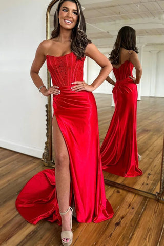 Charming Mermaid Scoop Neck Red Satin Long Prom Dresses with Slit VK23011503