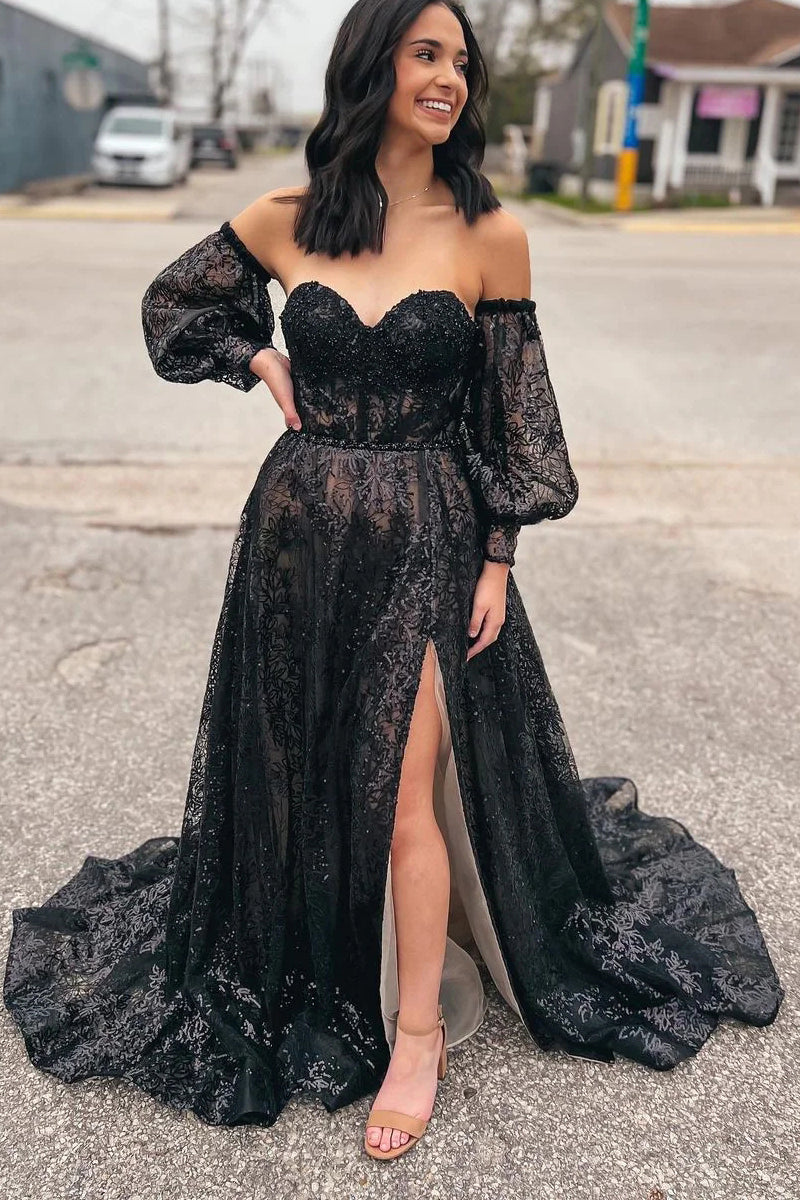 Cute A Line Sweetheart Black Sequins Long Prom Dresses VK23020704