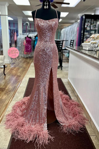 Sparkly Mermaid Scoop Neck Blush Sequins Long Prom Dresses with Feather VK23050702