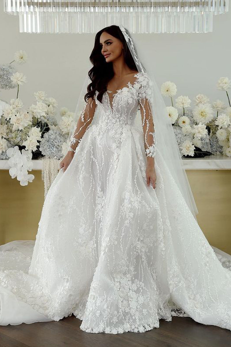 Luxurious Ball Gown V Neck Lace Tulle Long Sleeves Wedding Dresses with 3D Appliques VKWD080402