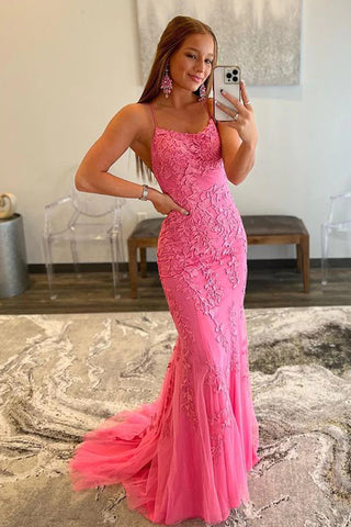 Stunning Mermaid V Neck Hot Pink Lace Prom Dress for 2022 VK22020705
