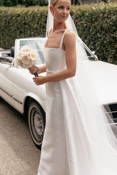 Elegant Mermaid Square Neck Twill Satin Long Wedding Dresses VK24100707