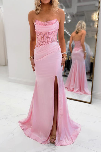 Mermaid Strapless Pink Satin Appliques Pleats Long Prom Dresses with Slit VK26020907