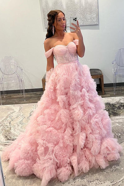 Princess Ball Gown Off the Shoulder Pink Tulle Prom Evening Dresses VK23082401