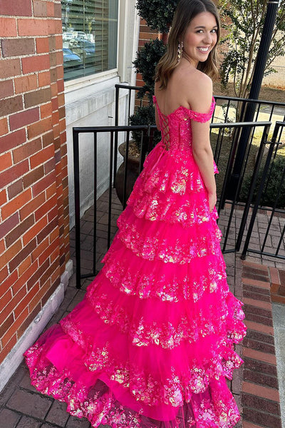 Off the Shoulder Hot Pink Sequin Lace Long Prom Dresses with Slit VK23111107