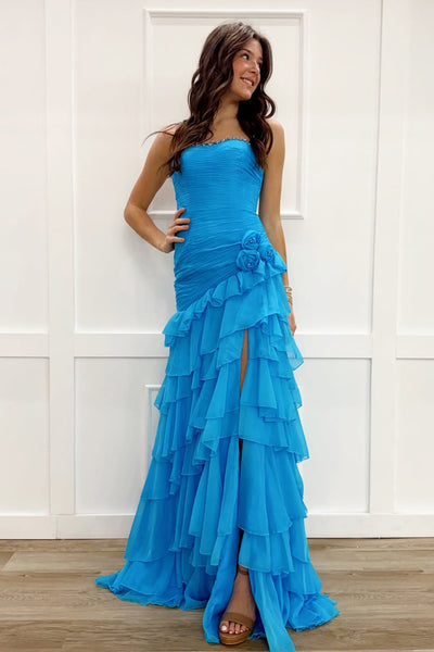 Sheath Strapless Blue Chiffon Long Tiered Prom Dresses with Ruffle Slit VK26020706