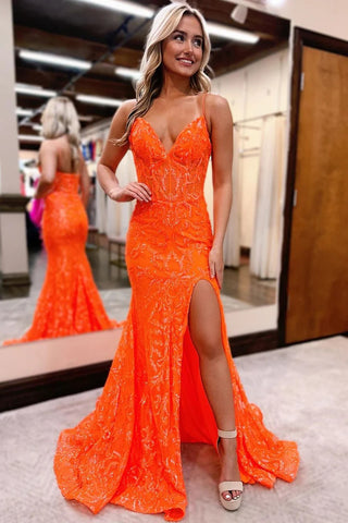 Orange V Neck Sequins Mermaid Long Prom Dresses with Slit VK24050601