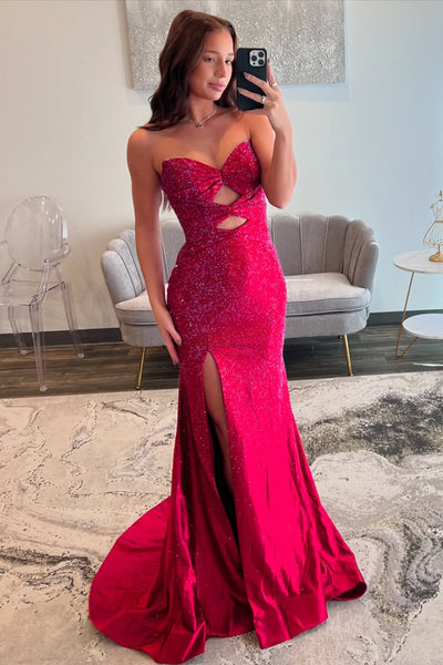 Sparkle Mermaid Sweetheart Keyhole Red Sequin Satin Prom Dresses with Rhinestones VK25100101