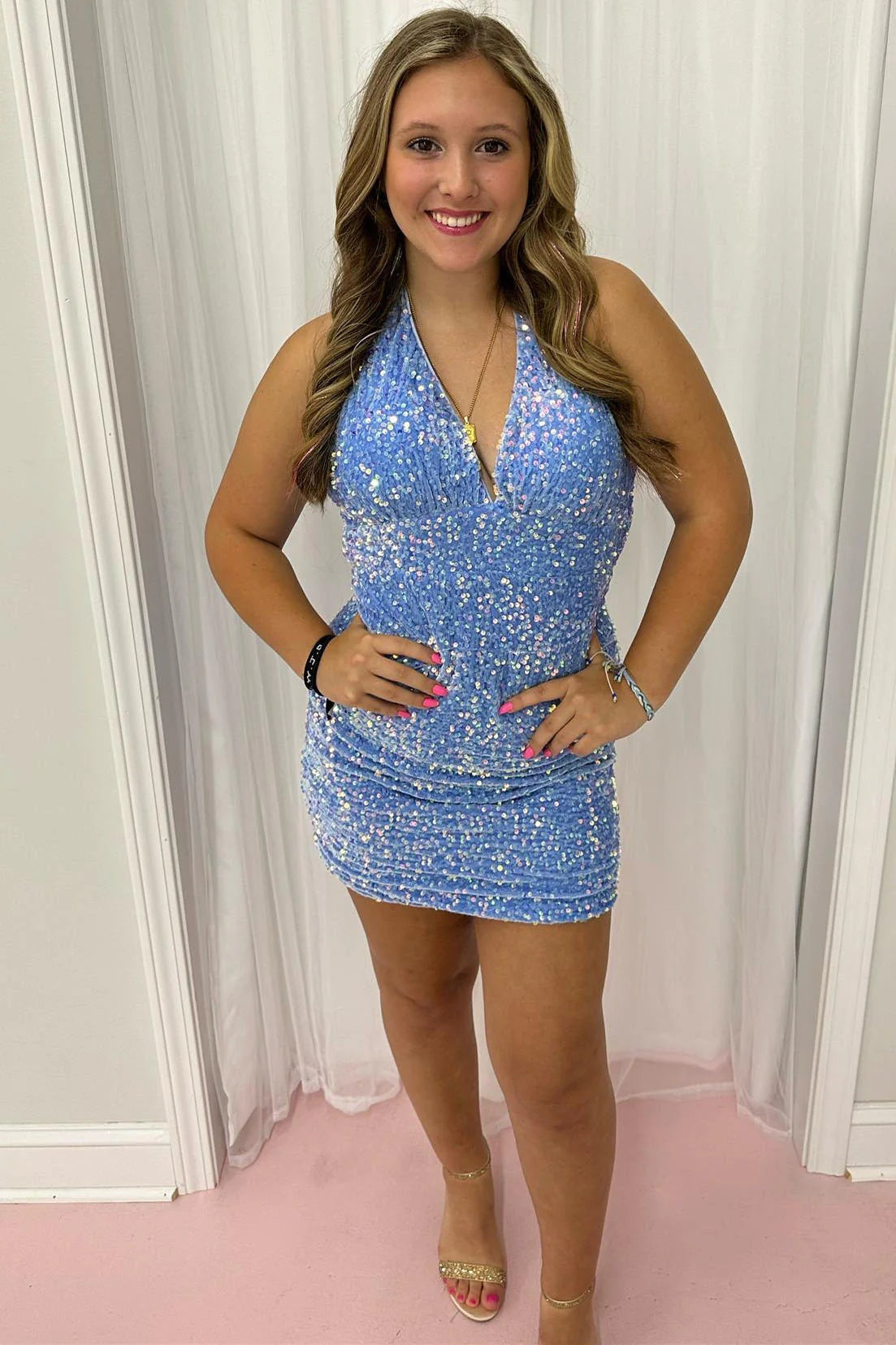 Halter Light Blue Sequin Bodycon Homecoming Dress VK23072909