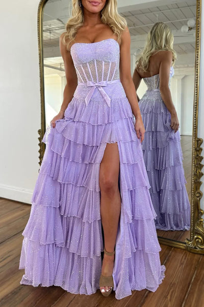 A-Line Strapless Lilac Ruffle Tiered Beaded Long Prom Dresses with Slit VK26012709