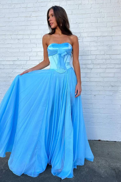 A-Line sweetheart Blue Chiffon Pleats Long Prom Dresses with Slit VK26011605