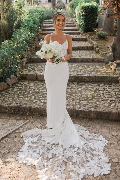 Charming Mermaid V Neck Satin Wedding Dress with Appliques VK25061103