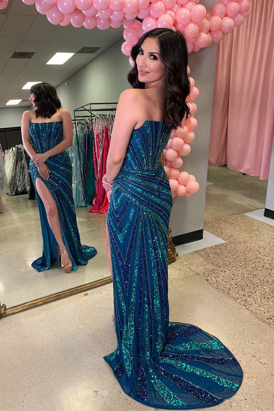 Mermaid Strapless Blue Sequins Long Prom Dress with Slit VK25030701