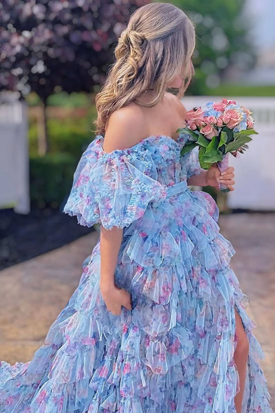 Sweet A Line Off the Shoulder Blue Floral Tulle Tiered Prom Dress VK25052901