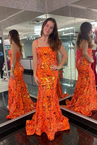 Orange Spaghetti Straps Sequin Lace Mermaid Prom Dresses VK23121603