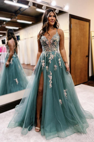 Cute A Line V Neck Sparkly Dusty Blue Tulle Prom Dress with Beading