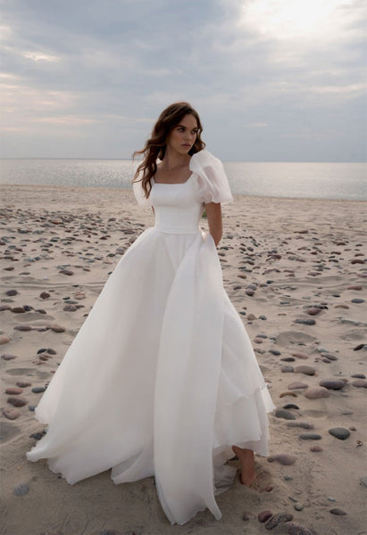 Charming A-Line Square Neck Puff Sleeves Wedding Dresses with Train VK23091101