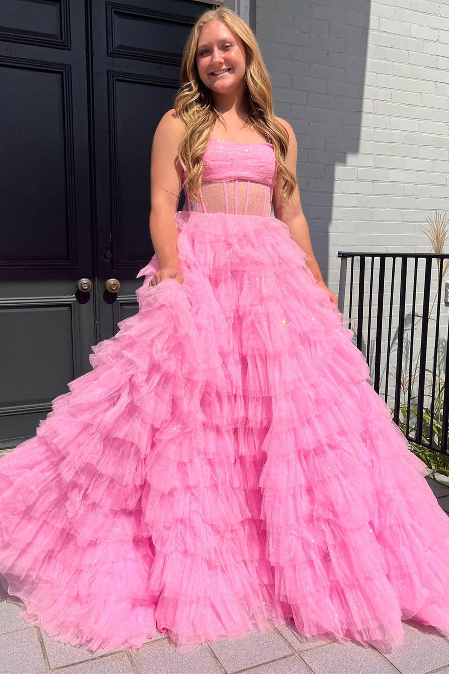 Cute A Line Strapless Glitter Tulle Long Prom Dresses