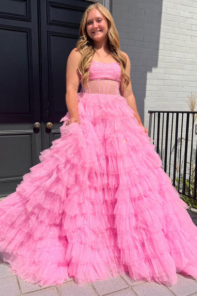 Cute A Line Strapless Glitter Tulle Long Prom Dresses