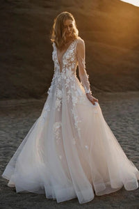 Fairy A Line V Neck Tulle Long Wedding Dresses with Appliques VK112502