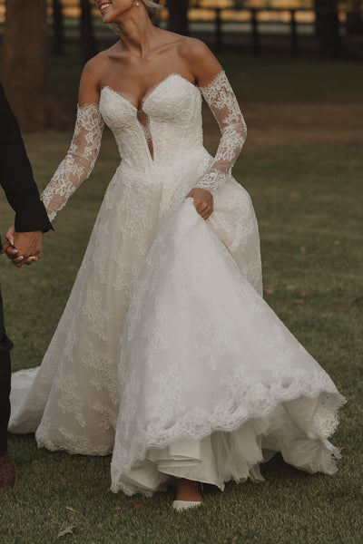 A-Line Strapless White Lace Wedding Dresses with Sleeves VK26102906