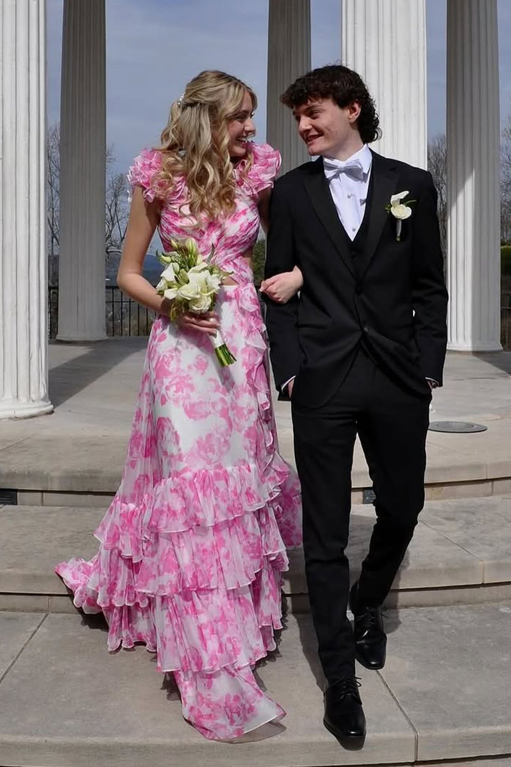 A-Line V Neck Pink Floral Printed Chiffon Ruffle Tiered Long Prom Dresses VK25031103