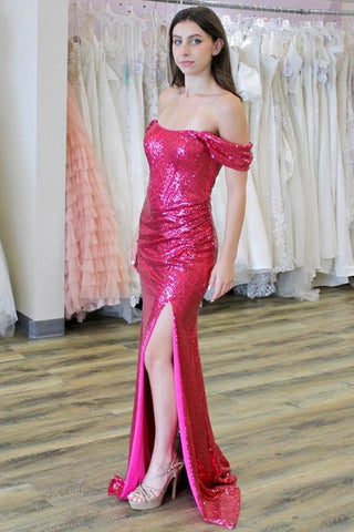 Pink Sequin Off-the-Shoulder Ruching Long Gown with Slit VK23102804