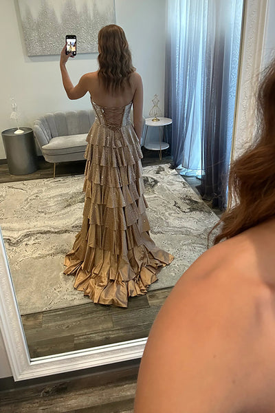 A-Line Strapless Champagne Satin Beaded Ruffle Tiered Long Prom Dresses with Slit VK26010701