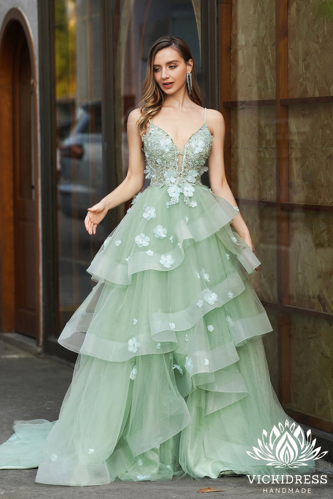 green tiered prom dress Elegant A-line V Neck Green Tiered Tulle Prom Dress,Green Prom Gown fg formalgowns