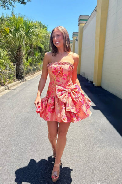 A Line Stapless Coral Red Jacquard Satin Homecoming Dress with Bow VK26062108