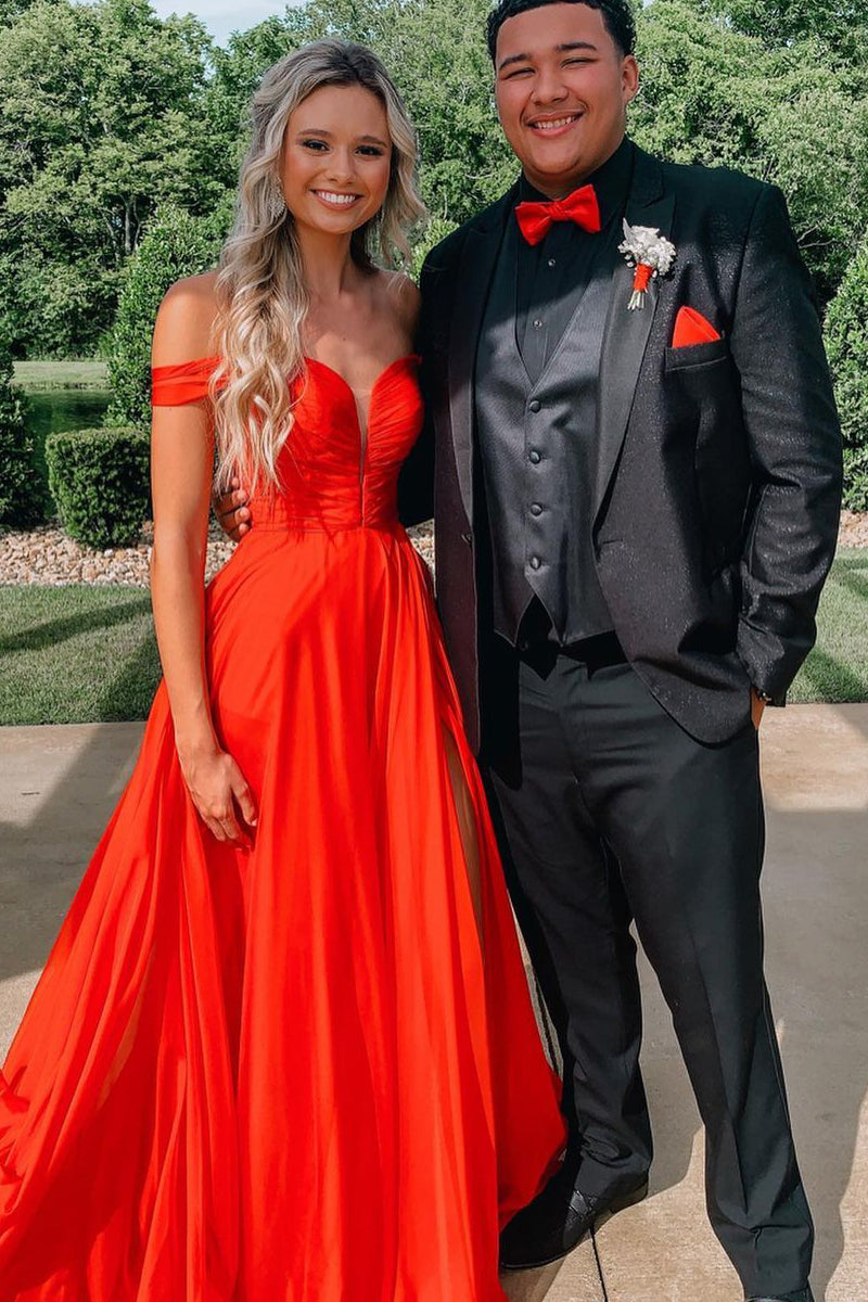 Elegant A-Line Off the Shoulder Red Satin Long Prom Dresses Evening Party Dresses VK23011501