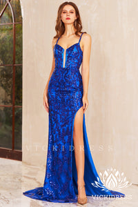 Royal Blue Sequins Lace Mermaid Long Prom Dresses with Slit VK24010716