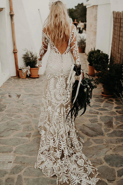Unique Long Sleeves V Back Boho Beach Rustic Lace Wedding Dresses VK23090107