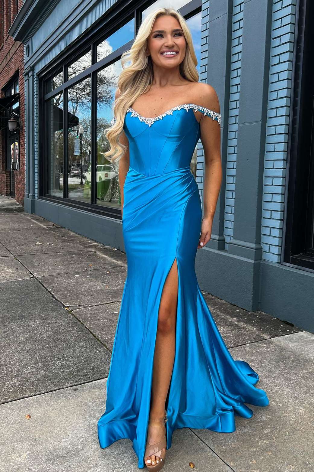 Off the Shoulder Beaded Blue Mermaid Prom Dress with Slit VK23113010