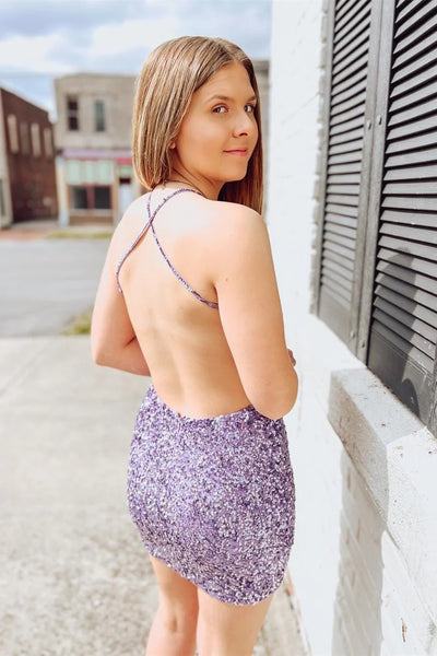 Cute Bodycon Scoop Neck Lavender Sequins Short Homecoming Dresses VK23060706